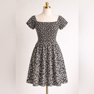 Black & White Floral Square-Neck Smocked Dress